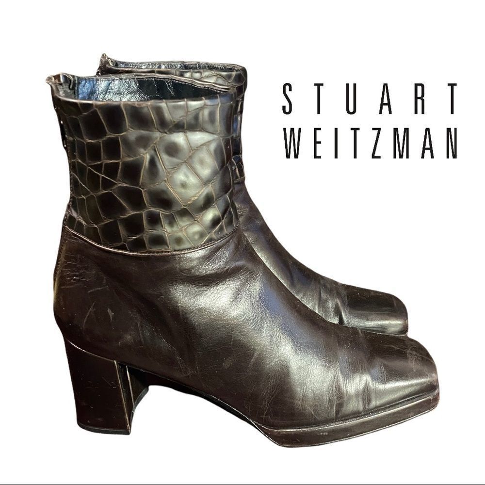 Stuart Weitzman Chocolate Brown Leather Croc Platform Heeled Ankle Booties 7